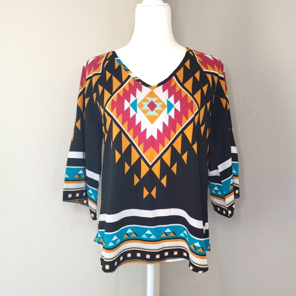 Pronto Western Aztec print Women’s Size S‎ Blouse Striped Geometric Box3